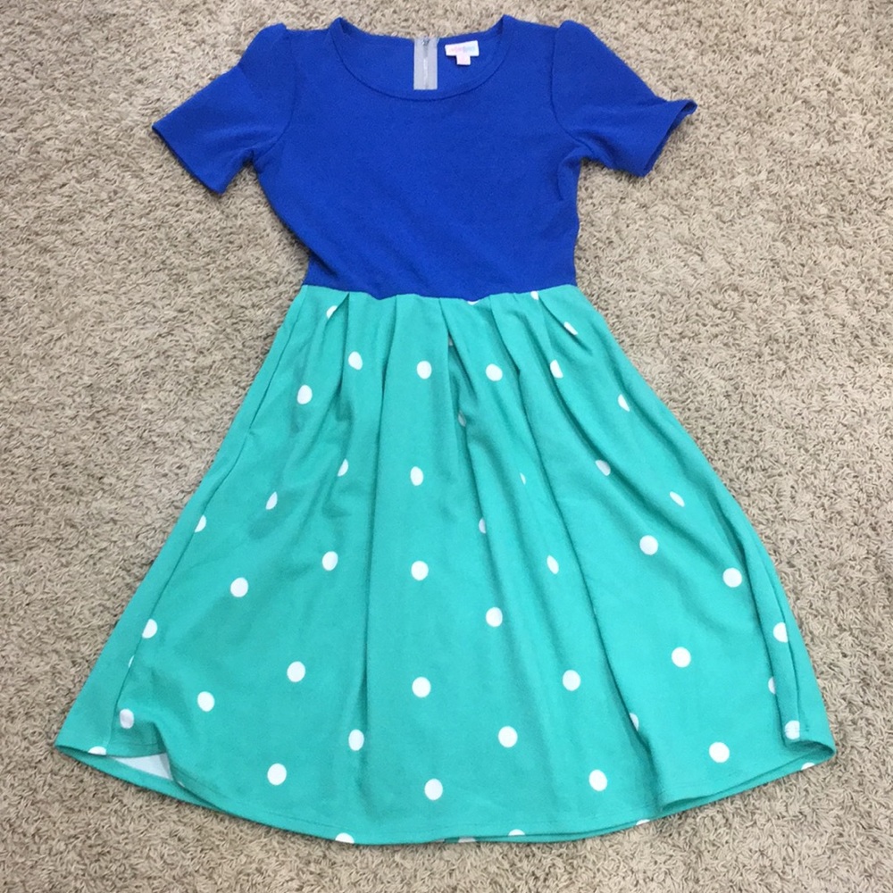 LULAROE Green & Navy polka dot Amelia Dress Small